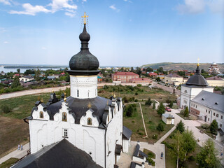 Top view of the domes and crosses of  Cathedral of the Assumption of the Most Holy Theotokos in the Assumption Sviyazhsky Monastery, Russia