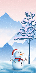 Festive New Year illustration, winter mountain landscape with snowman, vertical banner