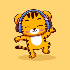 Tiger Listening Music Cartoon Illustration
