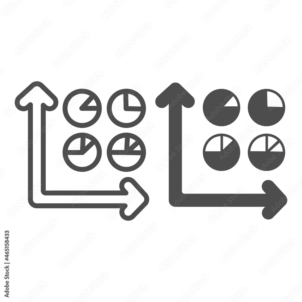 Poster graph and four fraction pie charts line and solid icon, diagram concept, round diagram and axes vect