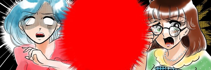 Obraz premium 70年代少女漫画メガネをかけ直してセクハラに怒る真面目な女の子と白目の青髪女性