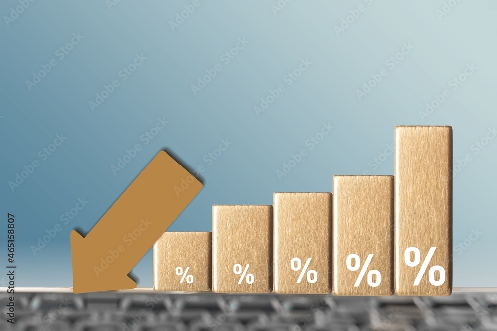 Sticker Bar with percentage sign and down arrow, financial recession crisis, interest rate decline,