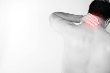 man with neck pain and back pain on a white background