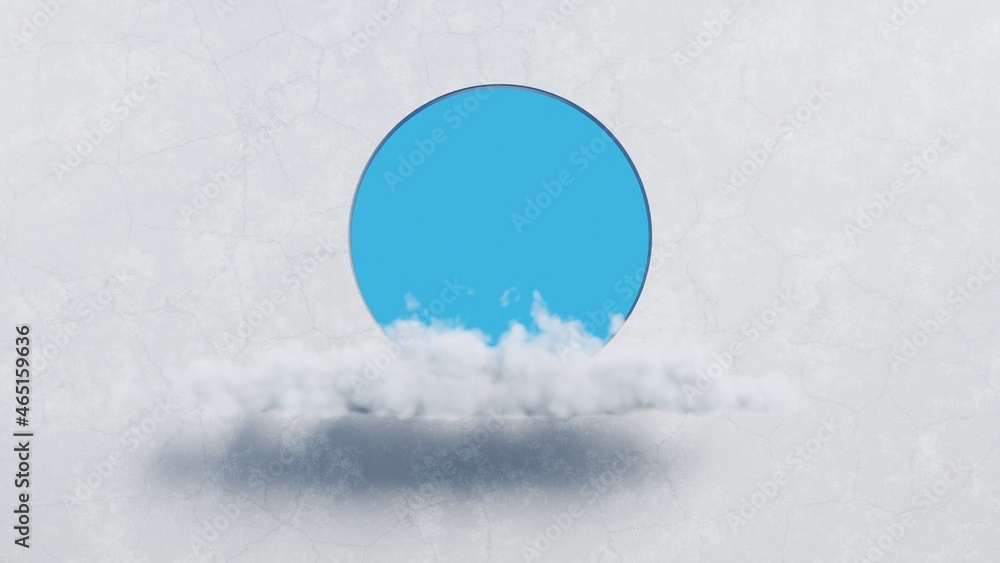 Poster Fluffy cloud floating on light grey concrete studio room background for presentation mock up template.3D rendering illustration.