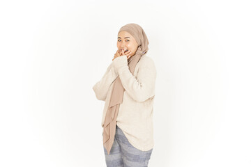 Covering mouth shy gesture of Beautiful Asian Woman Wearing Hijab Isolated On White Background