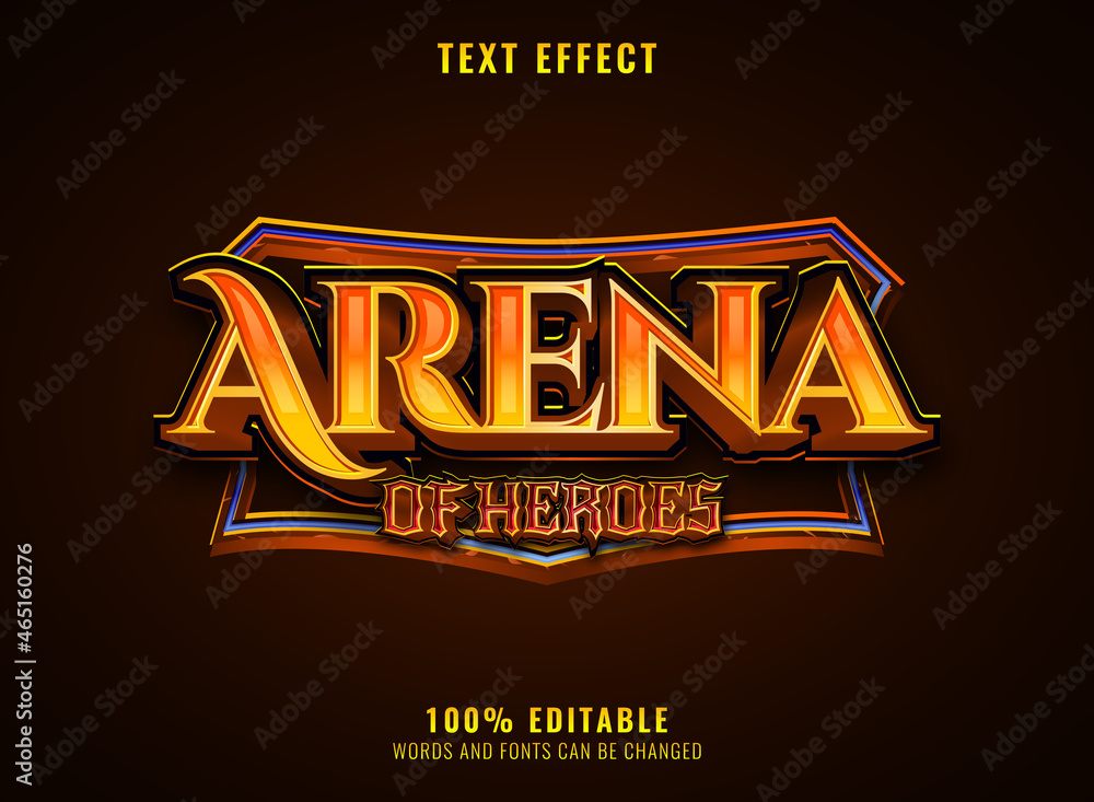 Poster fantasy golden arena of heroes medieval rpg game logo text effect with frame border