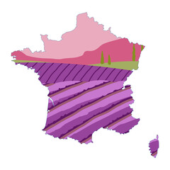 Naklejka premium Map of France combined with lavender field. Vector outline and silhouette map of France. Fields of blooming lavender. Summer sunset landscape with mountain and trees. All isolated on white background
