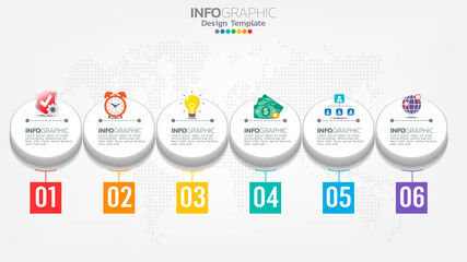Timeline infographics template with 6 elements workflow process chart.