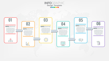 Timeline infographics template with 6 elements workflow process chart.