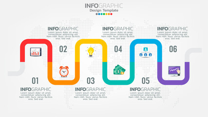 Timeline infographics template with 6 elements workflow process chart.