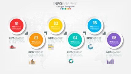 Timeline infographics template with 6 elements workflow process chart.