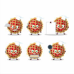 Cartoon character of apple pie with various chef emoticons