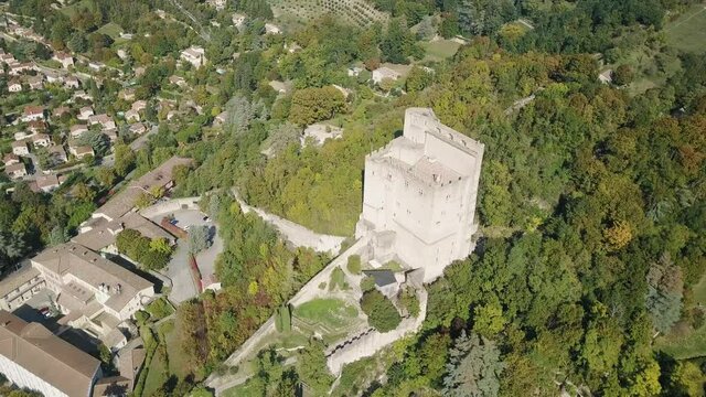 Aerial Of Historic Monument And Highest Dungeon Used As A Prison For Huguenots In Crest, Dr&ocirc;me, France. Drone Orbit