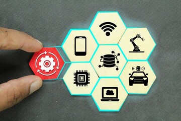 hexagon with technology items and the word Industry 4.0. Industry Infographics 4.0.