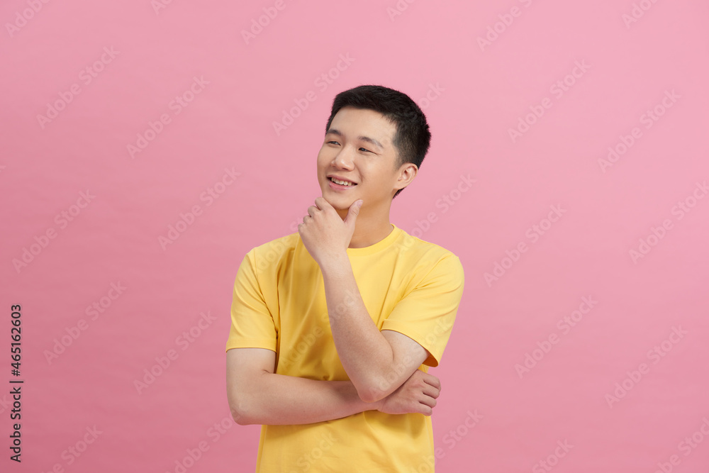 Poster pensive curious man looking up in thinking pose trying to make choice or decision isolated