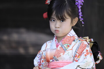 神社で七五三を祝う女子小学生 (7歳)