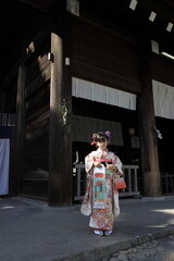 Fototapeta na wymiar 神社で七五三を祝う女子小学生 (7歳)
