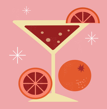vector illustration in vintage retro style cocktail glass and oranges. trend illustration in flat style