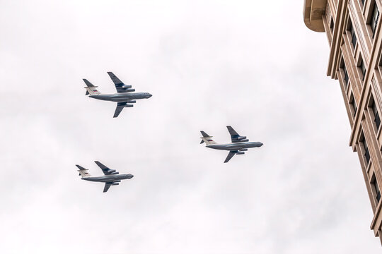 Moscow, Russia - May, 05, 2021: IL-76 Russian Air Forces will fly over Kremlin and red square during the parade celebrating Victory Day in Moscow.