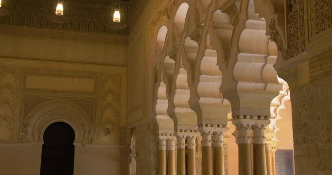 Moorish Taifal Hall With Multifoil Arch Structure In Aljaferia Palace In Zaragoza, Spain. - tilt up