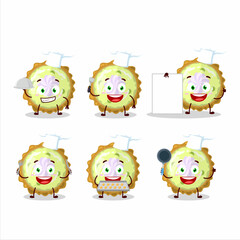 Cartoon character of key lime pie with various chef emoticons