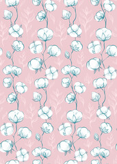 Seamless delicate pattern with sketches of cotton plant and stems on pink background. Vector gentle outline herbal texture with stems with fluffy balls. Contour natural wallpaper