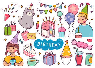 Kawaii Birthday Celebration Doodle Vector Illustration