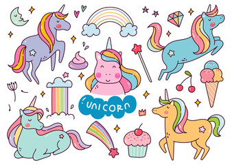 Set of Unicorn Cartoon Kawaii Doodle Vector Illustration