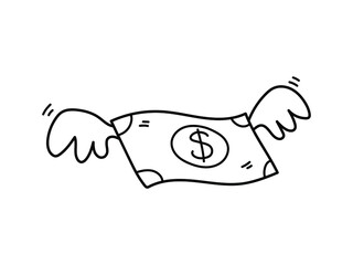 Money with dollar sign and wings, a hand drawn doodle illustration of a dollar inflation concept.