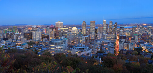 Panoramic aerial view of Montreal skyline at dusk in autumn, Quebec, Canada