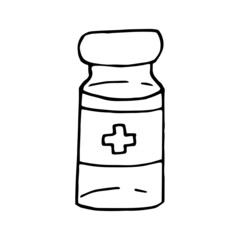 medicine bottle with vaccine hand drawn doodle. vector, scandinavian, nordic, minimalism, monochrome. icon.