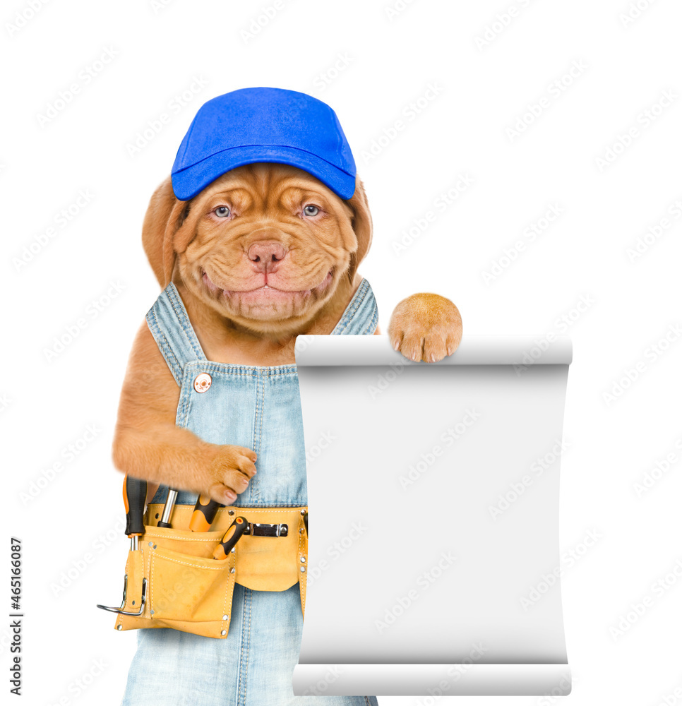Aufkleber funny puppy wearing blue cap and overalls with tool belt shows empty list. isolated on white backgro