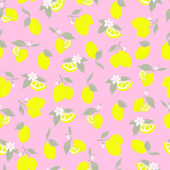 vector seamless pattern lemons and sliced lemons on a  background. Summer lemon pattern for background, fabric, paper, textile, invitations, web pages.