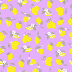 vector seamless pattern lemons and sliced lemons on a  background. Summer lemon pattern for background, fabric, paper, textile, invitations, web pages.