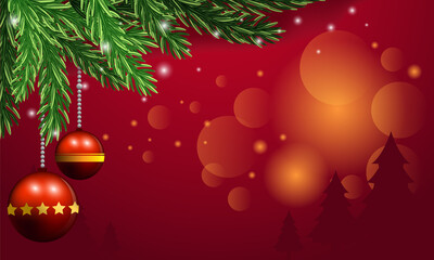 Red Christmas background with pine leaves, dwarfs, bells and stars on a red scene.