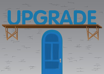 Upgrade text, upgrading software program concept with front door background. Store, Market or factory front with huge word.