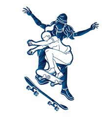 Fototapeta premium Skateboarder Playing Together Group of Skateboard Players Extreme Sport Action 