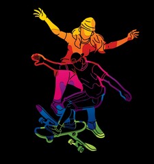 Obraz na płótnie Canvas Skateboarder Playing Together Group of Skateboard Players Extreme Sport Action 
