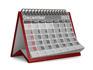 2022 year. Calendar for December. Isolated 3D illustration