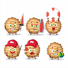 Happy Face peach pie cartoon character playing on a beach