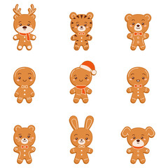 Christmas set of cute gingerbread mans and gingerbread animals. Seamless pattern with holiday cookie. Vector flat illustration