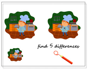 A logic game for kids find the differences, cook in the kitchen. vector isolated on a white background