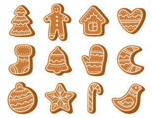 Set of gingerbread Christmas cookies decorated icing. Symbol of Christmas, New Year, winter holidays. Gingerbread cookies Isolated on white background. Hand-drawn flat cartoon vector illustration.