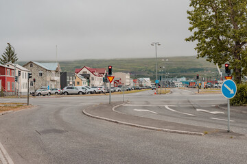 Creative heart shaped traffic light. Red light displaying heart symbol in Akureyri, Iceland. A cool...