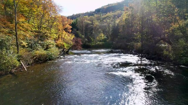 Low Aerial Push Above The New River In Watauga County Nc, North Carolina