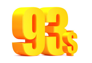Gold 93 dollar .$ 93 word on white background. 3d illustration