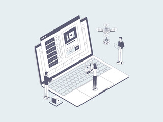 E-Commerce Omnichannel Order Isometric Illustration Lineal Gray. Suitable for Mobile App, Website, Banner, Diagrams, Infographics, and Other Graphic Assets.