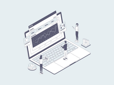 E-Commerce Analytics Isometric Illustration Lineal Gray. Suitable for Mobile App, Website, Banner, Diagrams, Infographics, and Other Graphic Assets.