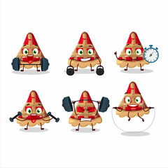 A healthy slice of apple pie cartoon style trying some tools on Fitness center