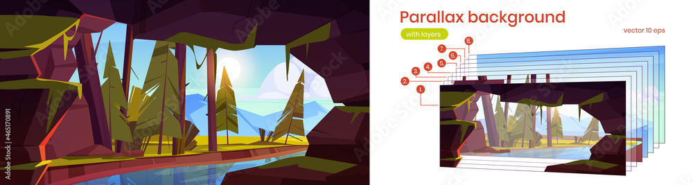 Poster cave in rock with river, forest and mountains outside. vector parallax background for 2d animation w